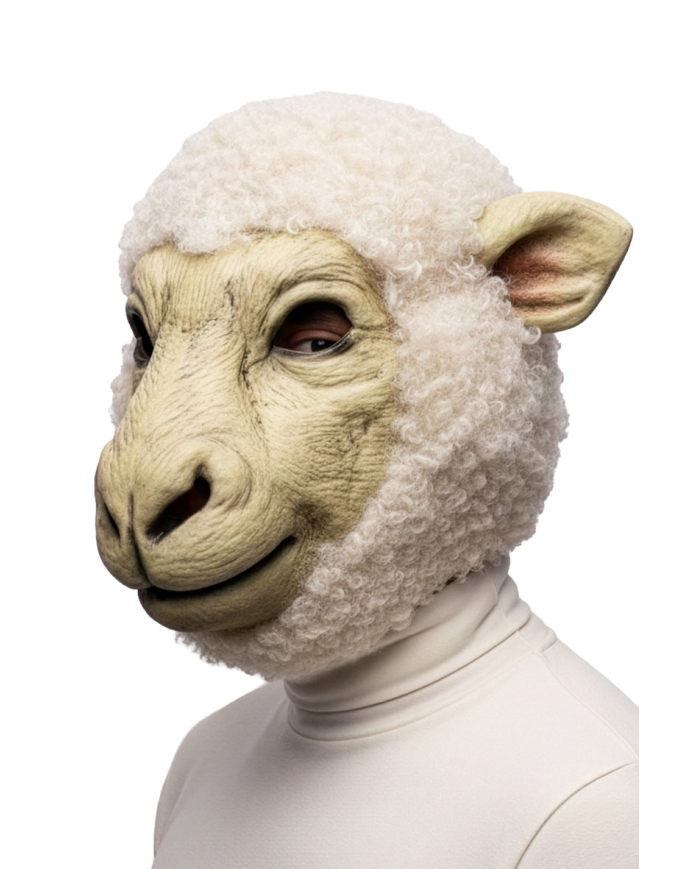 Masque de mouton en plastique avec fourroure, avec étiquette volante/étiequette